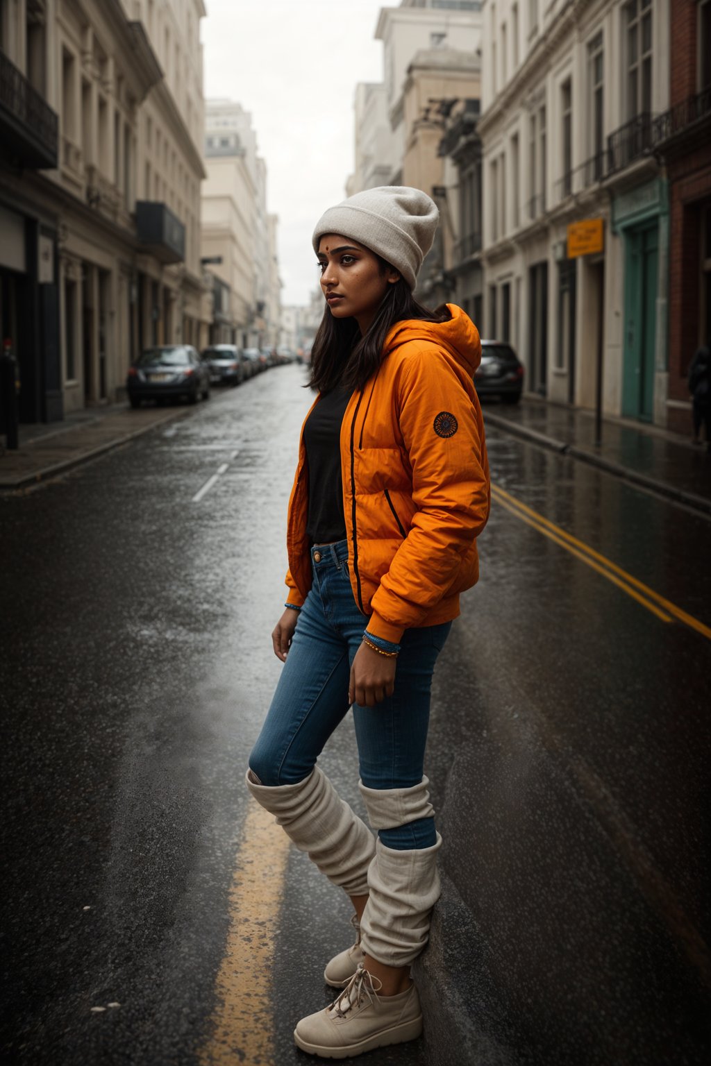 woman wearing gorpcore aesthetic, functional outdoor clothing, bright colored puffer jacket, moonboots, beanie, white wool socks, outerwear, posing for photo in the street