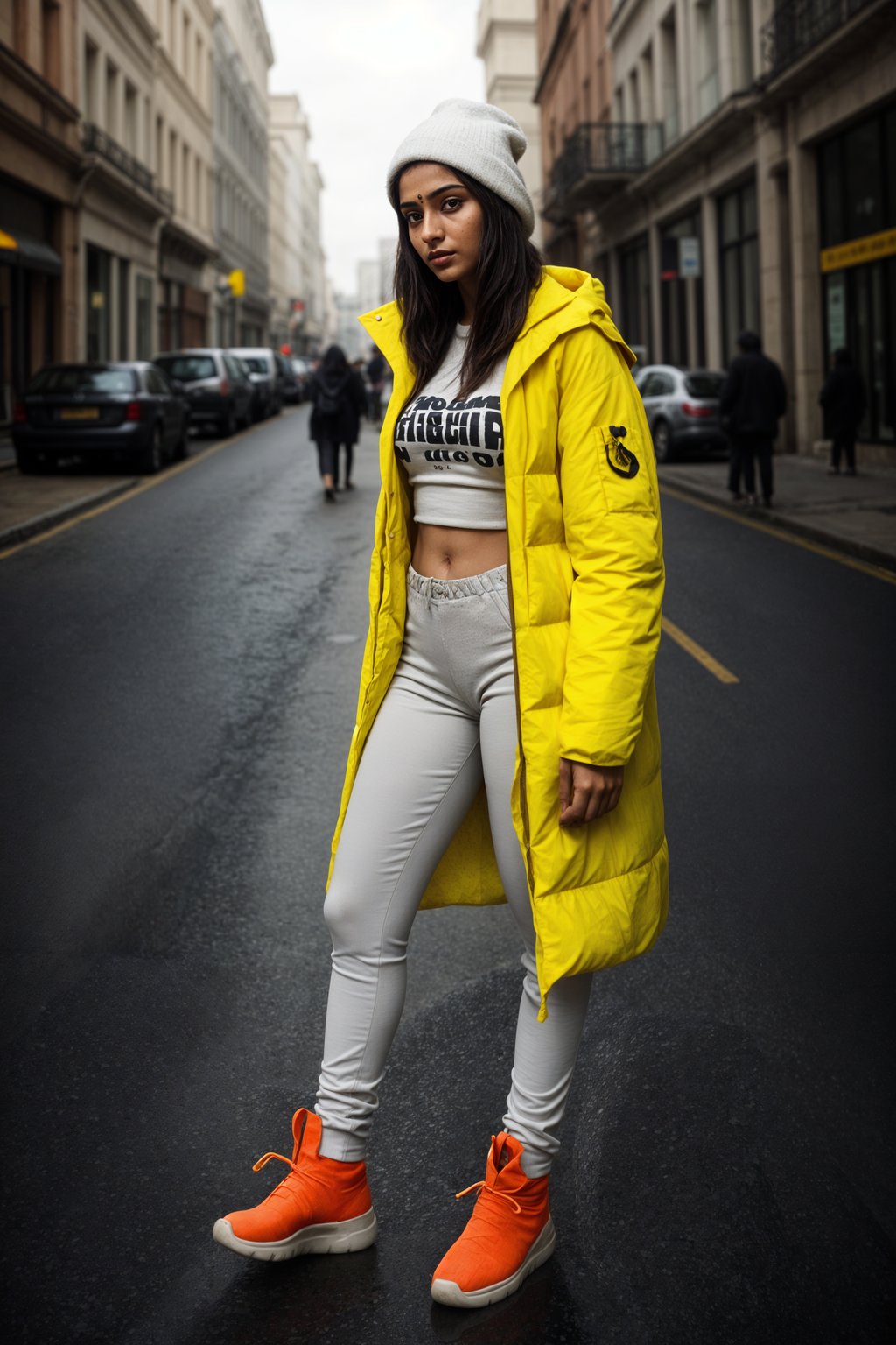 woman wearing gorpcore aesthetic, functional outdoor clothing, bright colored puffer jacket, moonboots, beanie, white wool socks, outerwear, posing for photo in the street