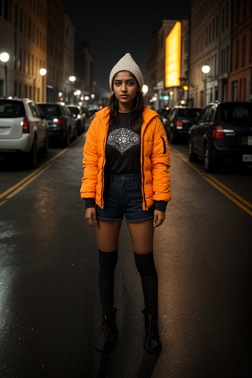 woman wearing gorpcore aesthetic, functional outdoor clothing, bright colored puffer jacket, moonboots, beanie, white wool socks, outerwear, posing for photo in the street