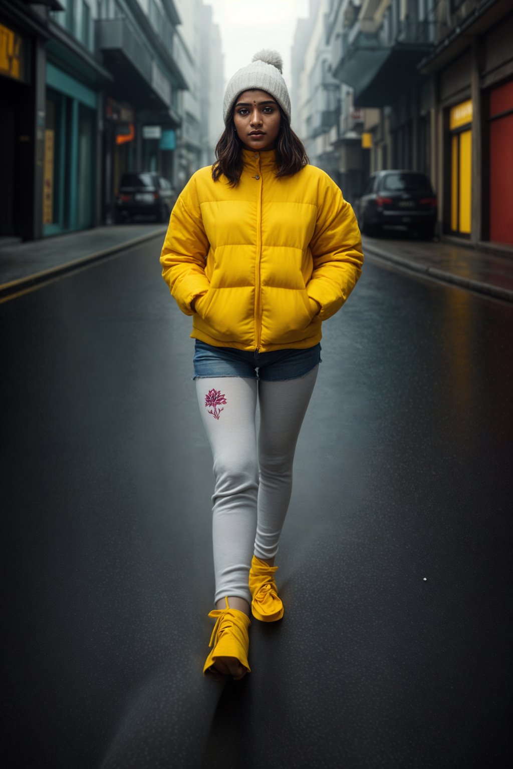 woman wearing gorpcore aesthetic, functional outdoor clothing, bright colored puffer jacket, moonboots, beanie, white wool socks, outerwear, posing for photo in the street