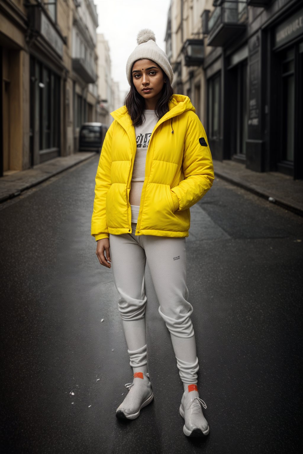 woman wearing gorpcore aesthetic, functional outdoor clothing, bright colored puffer jacket, moonboots, beanie, white wool socks, outerwear, posing for photo in the street