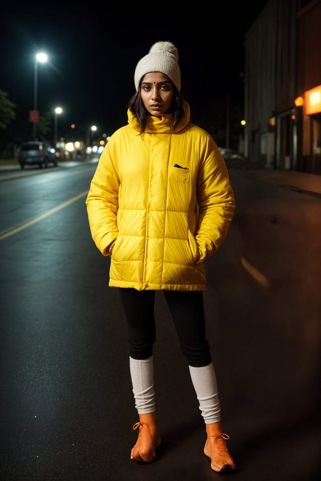 woman wearing gorpcore aesthetic, functional outdoor clothing, bright colored puffer jacket, moonboots, beanie, white wool socks, outerwear, posing for photo in the street