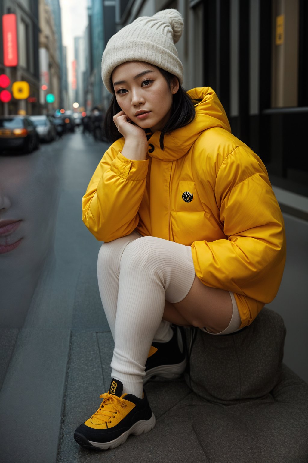 woman wearing gorpcore aesthetic, functional outdoor clothing, bright colored puffer jacket, moonboots, beanie, white wool socks, outerwear, posing for photo in the street