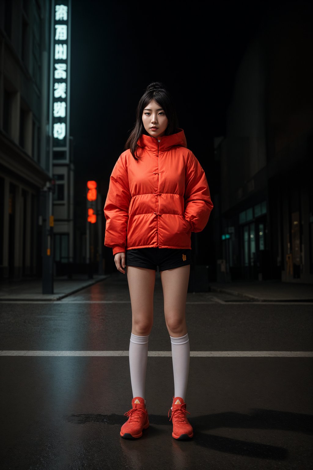 woman wearing gorpcore aesthetic, functional outdoor clothing, bright colored puffer jacket, moonboots, beanie, white wool socks, outerwear, posing for photo in the street