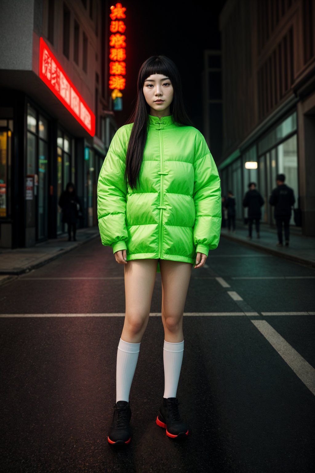 woman wearing gorpcore aesthetic, functional outdoor clothing, bright colored puffer jacket, moonboots, beanie, white wool socks, outerwear, posing for photo in the street