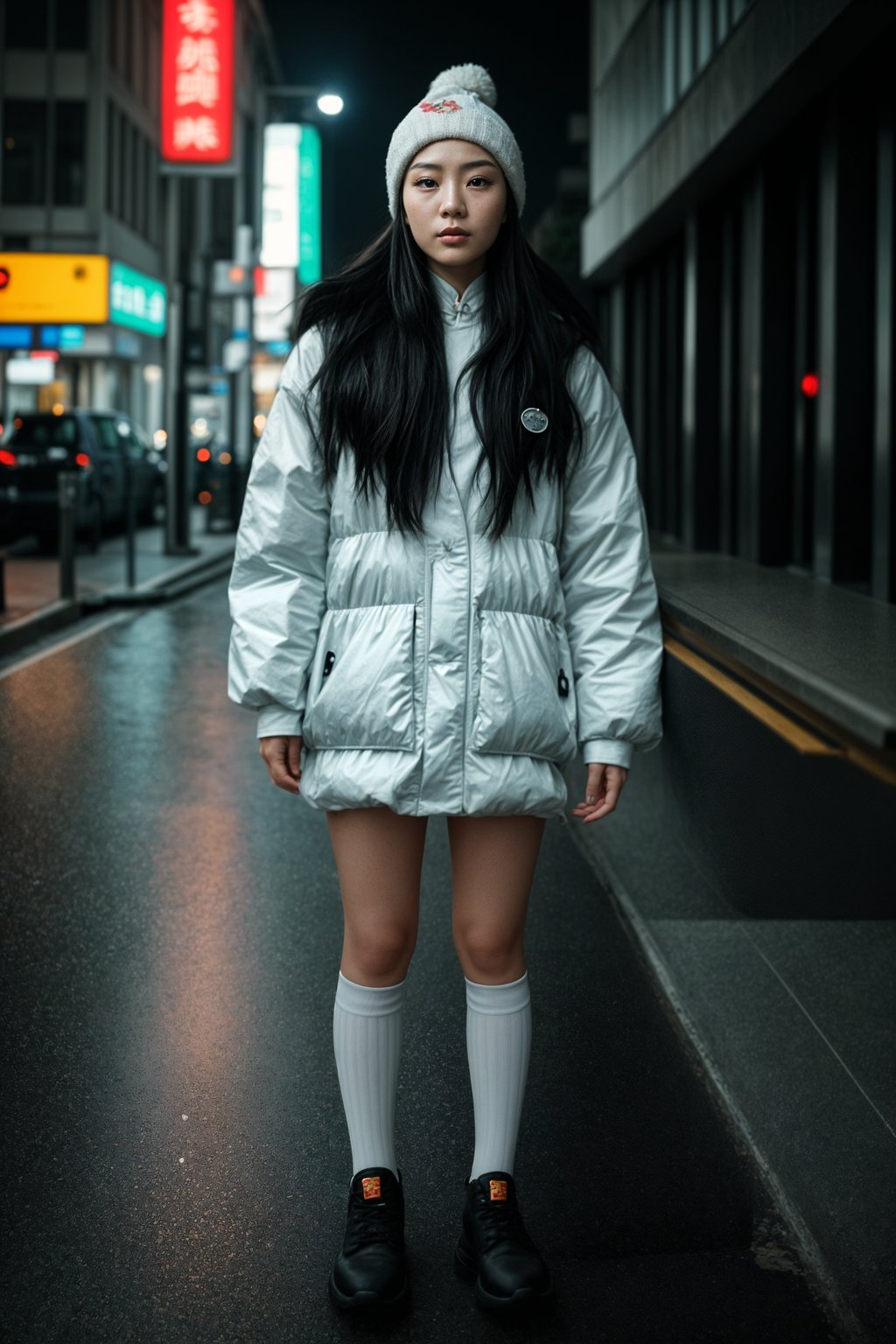 woman wearing gorpcore aesthetic, functional outdoor clothing, bright colored puffer jacket, moonboots, beanie, white wool socks, outerwear, posing for photo in the street