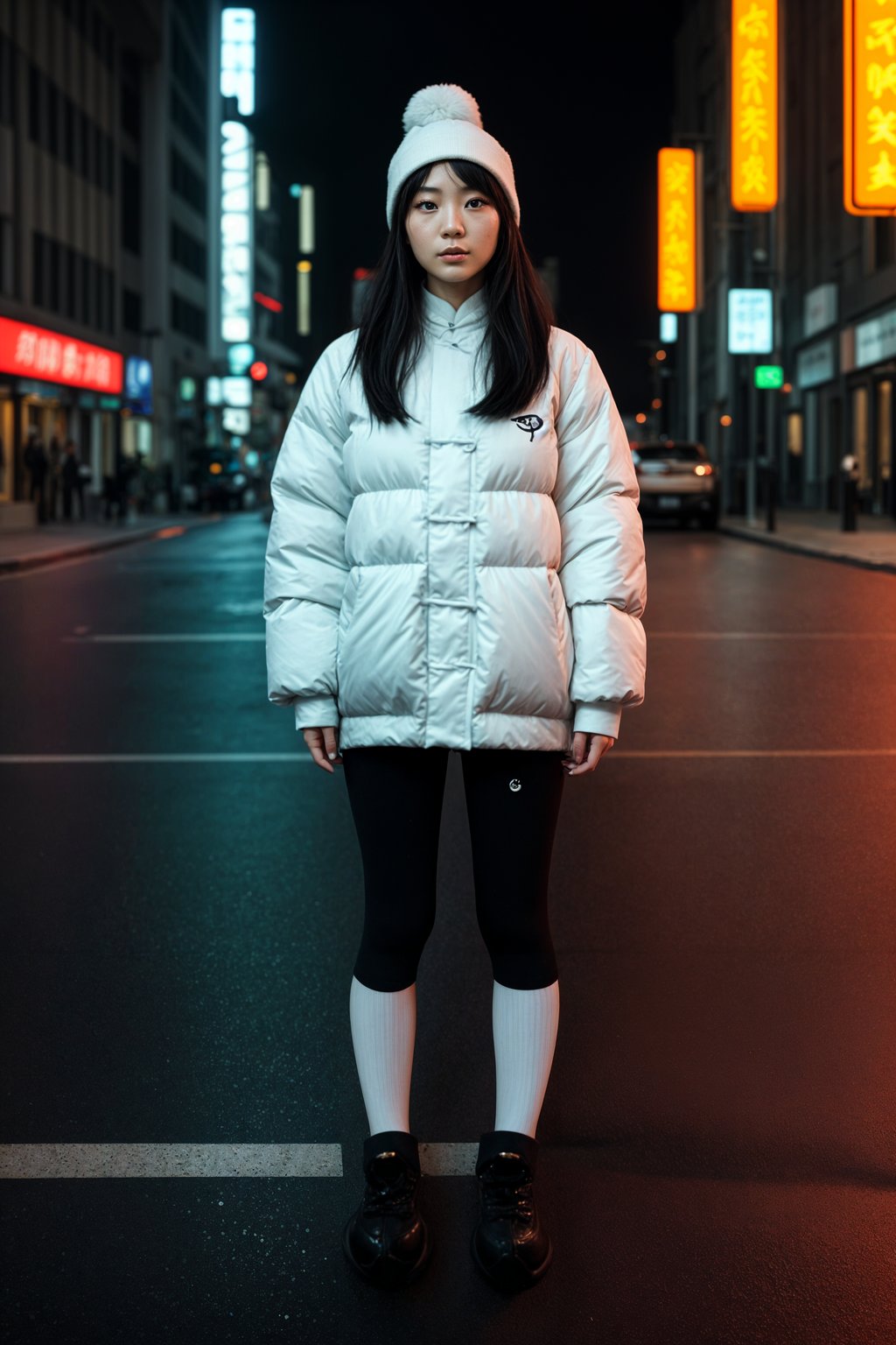 woman wearing gorpcore aesthetic, functional outdoor clothing, bright colored puffer jacket, moonboots, beanie, white wool socks, outerwear, posing for photo in the street