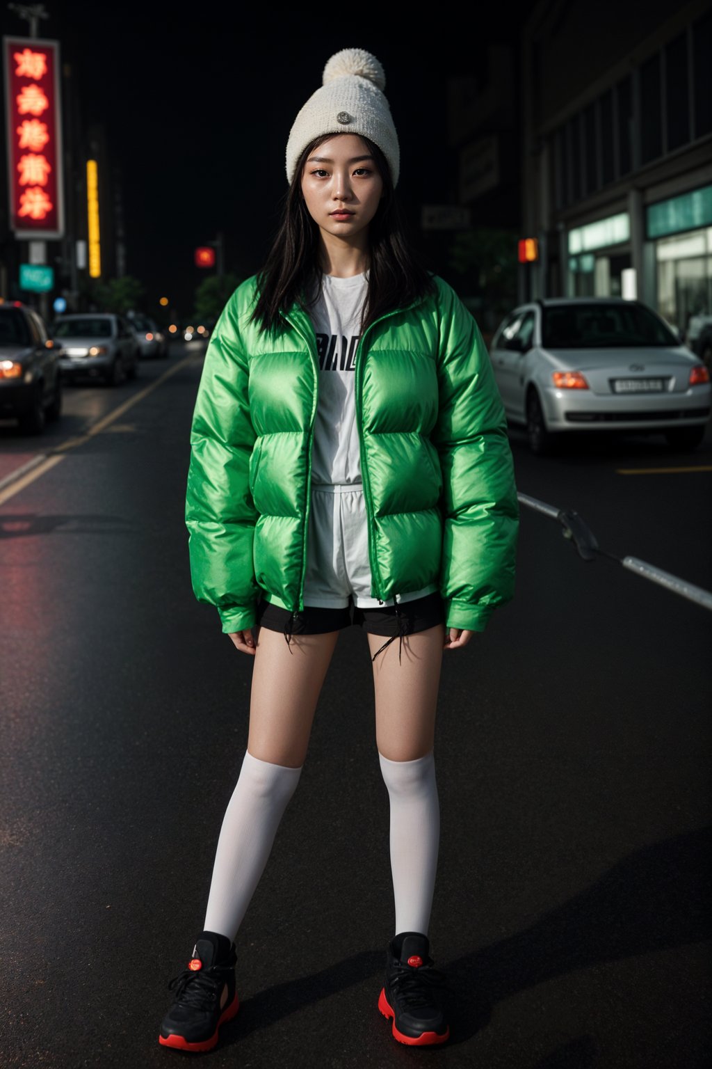 woman wearing gorpcore aesthetic, functional outdoor clothing, bright colored puffer jacket, moonboots, beanie, white wool socks, outerwear, posing for photo in the street