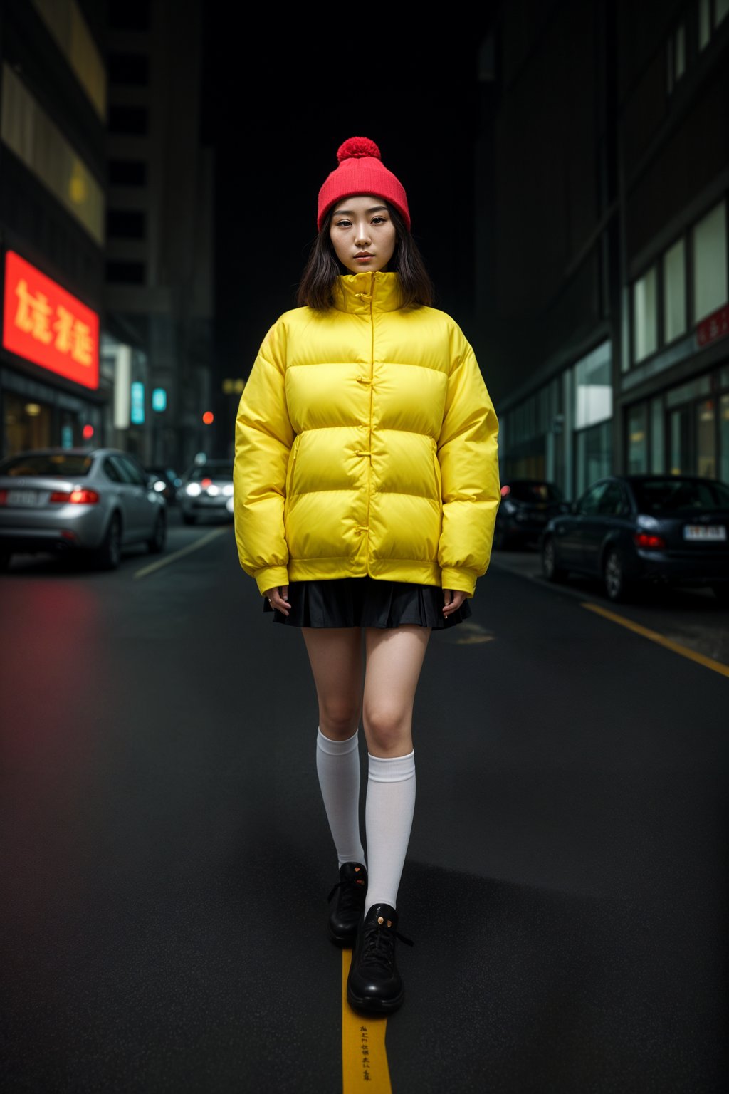 woman wearing gorpcore aesthetic, functional outdoor clothing, bright colored puffer jacket, moonboots, beanie, white wool socks, outerwear, posing for photo in the street