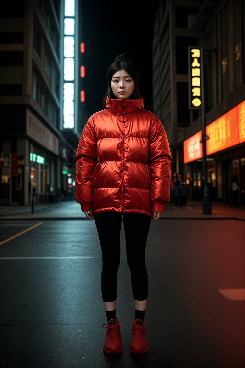 woman wearing gorpcore aesthetic, functional outdoor clothing, bright colored puffer jacket, moonboots, beanie, white wool socks, outerwear, posing for photo in the street