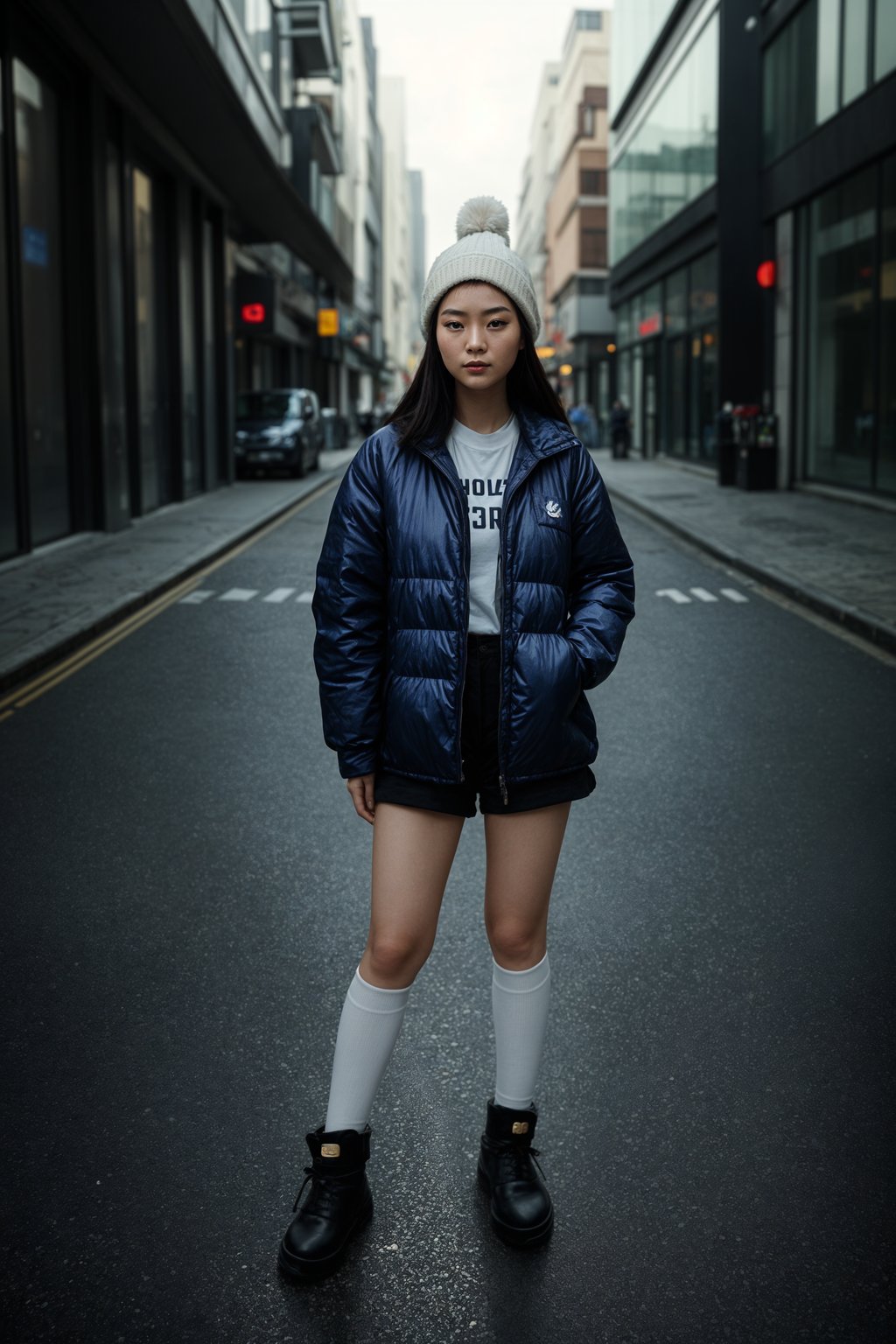 woman wearing gorpcore aesthetic, functional outdoor clothing, bright colored puffer jacket, moonboots, beanie, white wool socks, outerwear, posing for photo in the street