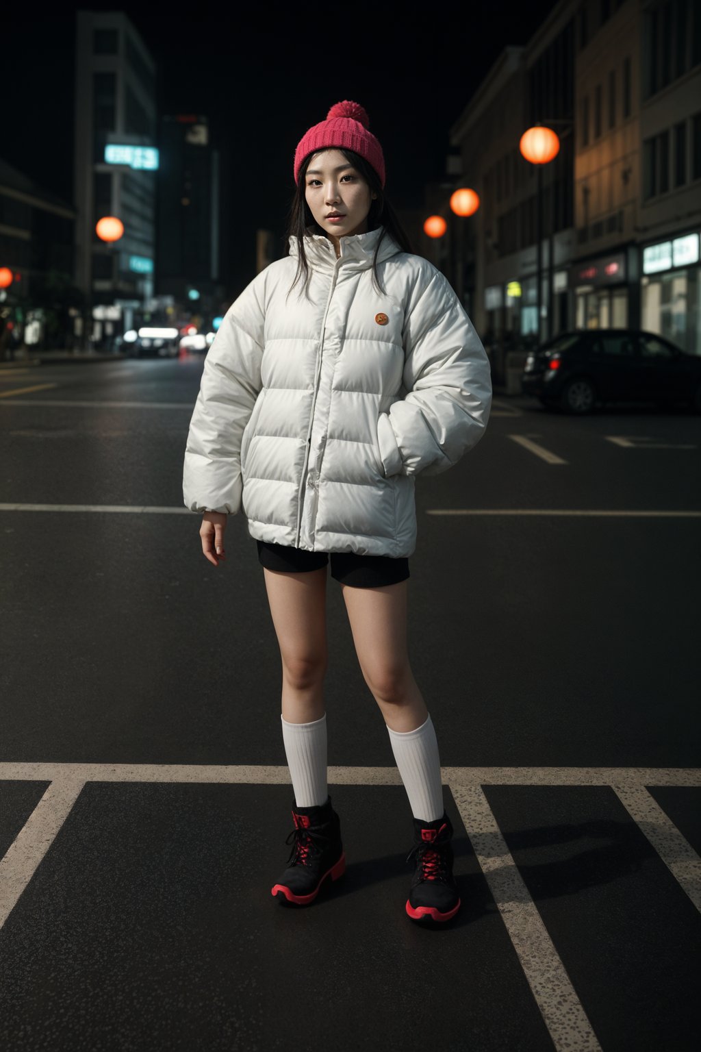 woman wearing gorpcore aesthetic, functional outdoor clothing, bright colored puffer jacket, moonboots, beanie, white wool socks, outerwear, posing for photo in the street