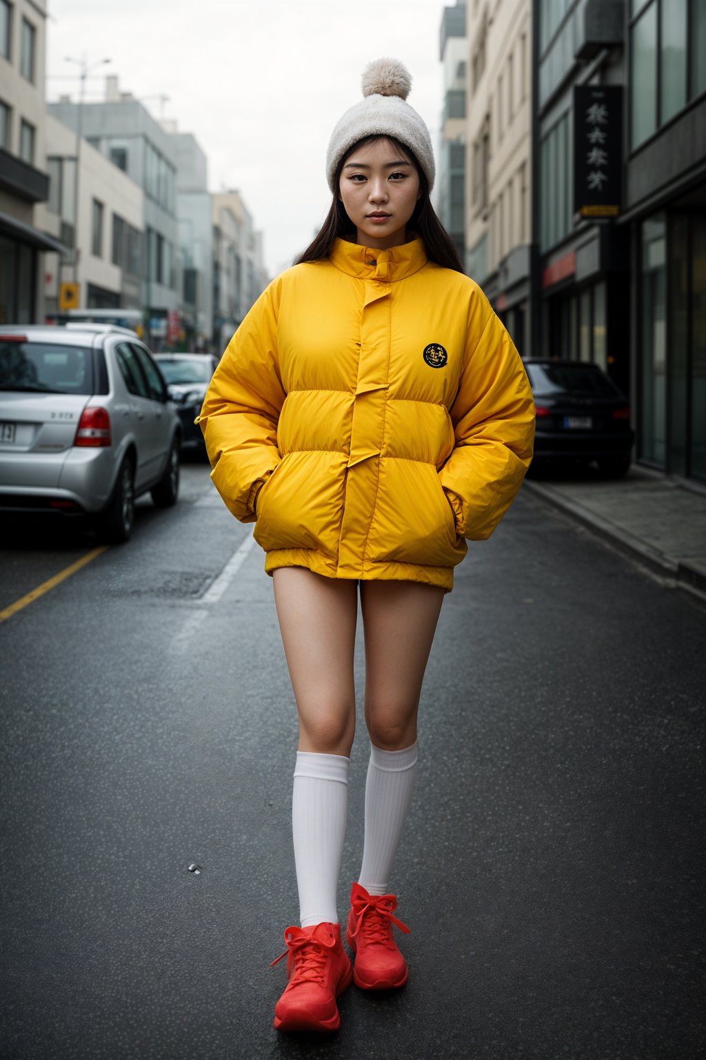 woman wearing gorpcore aesthetic, functional outdoor clothing, bright colored puffer jacket, moonboots, beanie, white wool socks, outerwear, posing for photo in the street