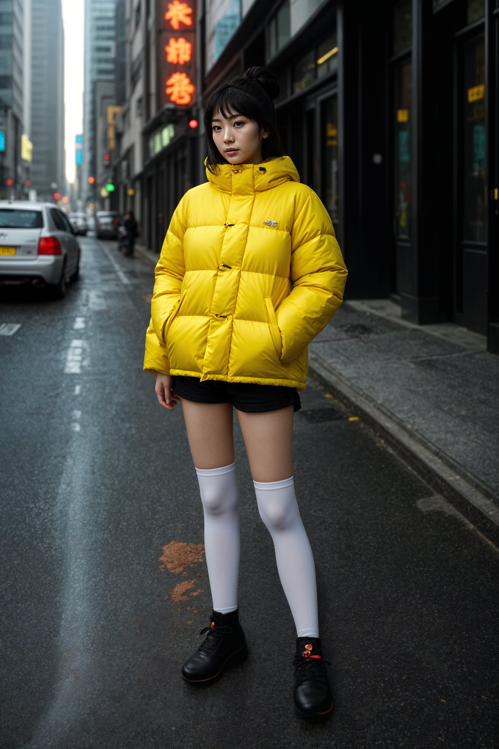 woman wearing gorpcore aesthetic, functional outdoor clothing, bright colored puffer jacket, moonboots, beanie, white wool socks, outerwear, posing for photo in the street