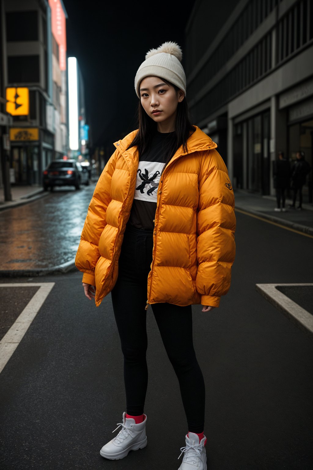 woman wearing gorpcore aesthetic, functional outdoor clothing, bright colored puffer jacket, moonboots, beanie, white wool socks, outerwear, posing for photo in the street