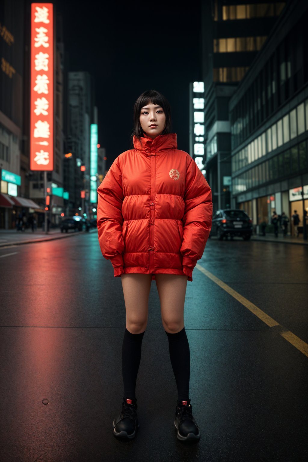 woman wearing gorpcore aesthetic, functional outdoor clothing, bright colored puffer jacket, moonboots, beanie, white wool socks, outerwear, posing for photo in the street