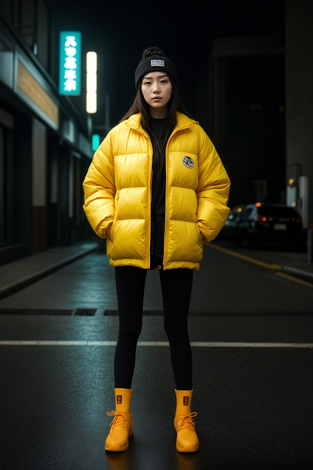 woman wearing gorpcore aesthetic, functional outdoor clothing, bright colored puffer jacket, moonboots, beanie, white wool socks, outerwear, posing for photo in the street