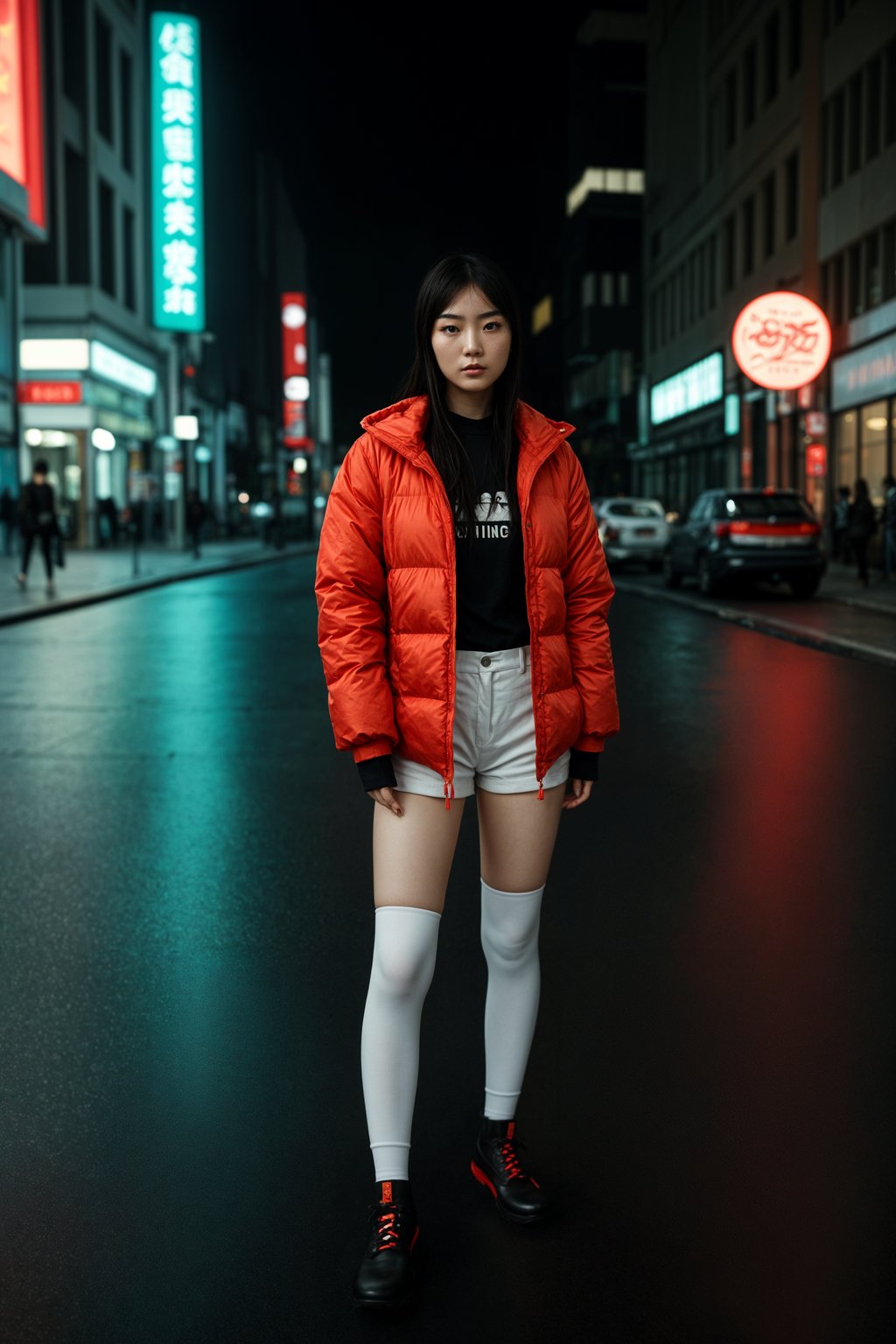 woman wearing gorpcore aesthetic, functional outdoor clothing, bright colored puffer jacket, moonboots, beanie, white wool socks, outerwear, posing for photo in the street