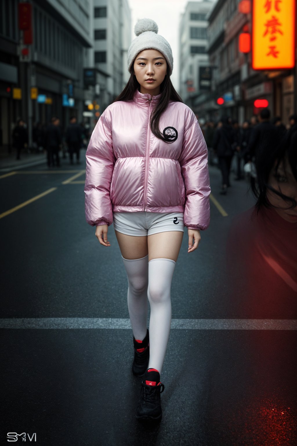 woman wearing gorpcore aesthetic, functional outdoor clothing, bright colored puffer jacket, moonboots, beanie, white wool socks, outerwear, posing for photo in the street