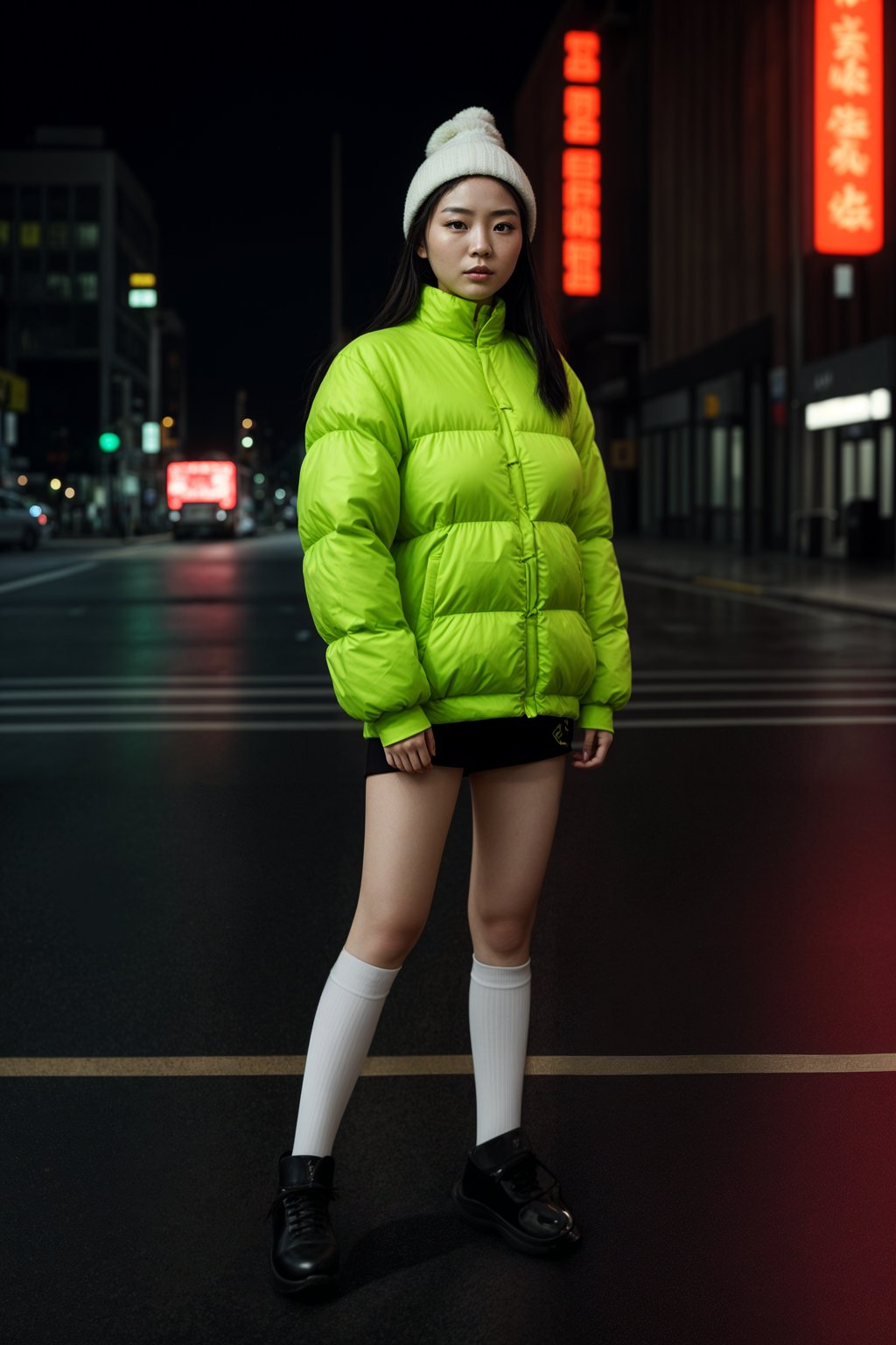 woman wearing gorpcore aesthetic, functional outdoor clothing, bright colored puffer jacket, moonboots, beanie, white wool socks, outerwear, posing for photo in the street