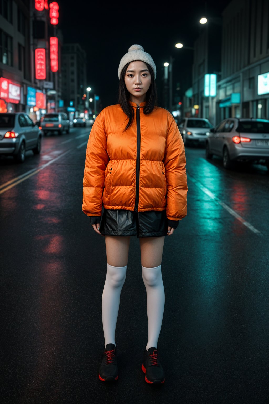 woman wearing gorpcore aesthetic, functional outdoor clothing, bright colored puffer jacket, moonboots, beanie, white wool socks, outerwear, posing for photo in the street