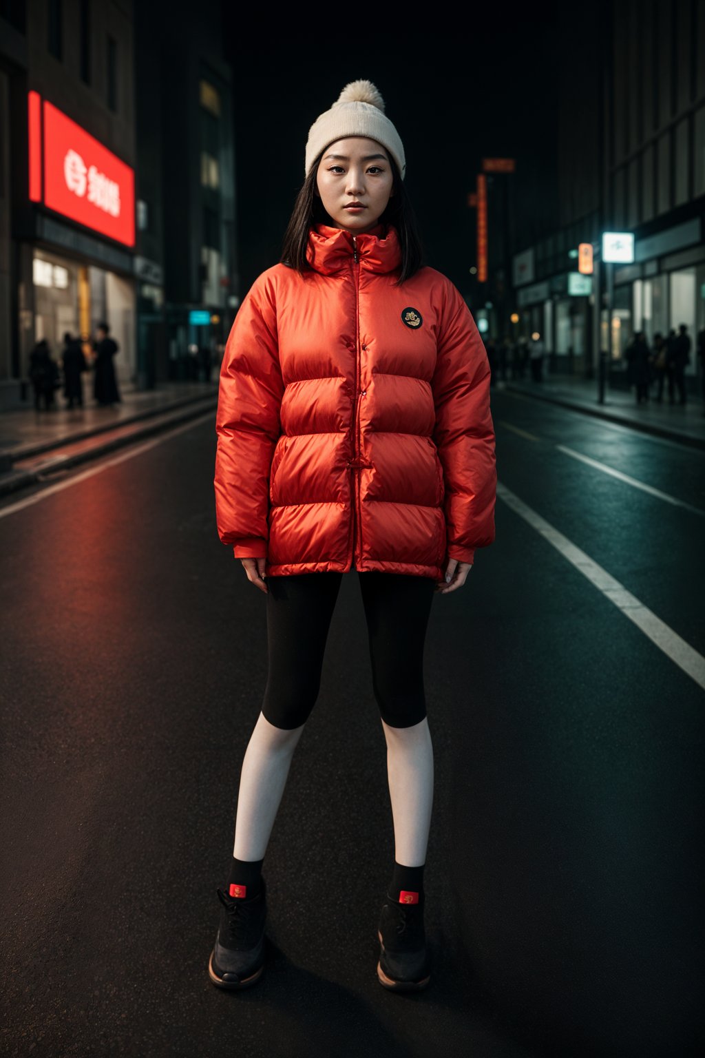 woman wearing gorpcore aesthetic, functional outdoor clothing, bright colored puffer jacket, moonboots, beanie, white wool socks, outerwear, posing for photo in the street