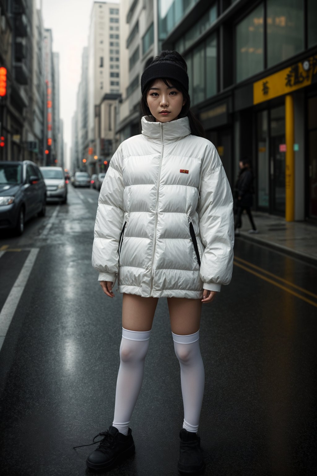 woman wearing gorpcore aesthetic, functional outdoor clothing, bright colored puffer jacket, moonboots, beanie, white wool socks, outerwear, posing for photo in the street