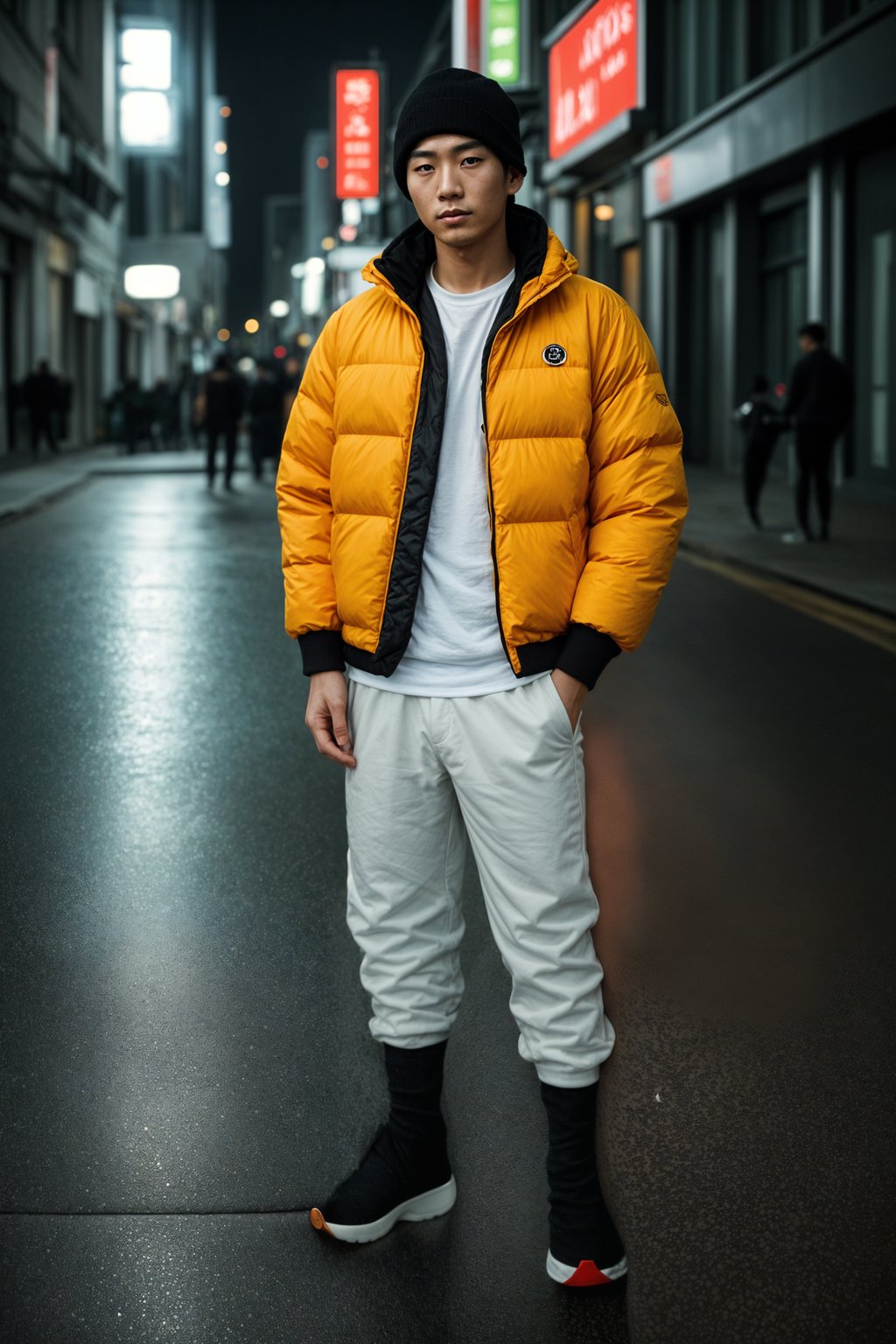 man wearing gorpcore aesthetic, functional outdoor clothing, bright colored puffer jacket, moonboots, beanie, white wool socks, outerwear, posing for photo in the street