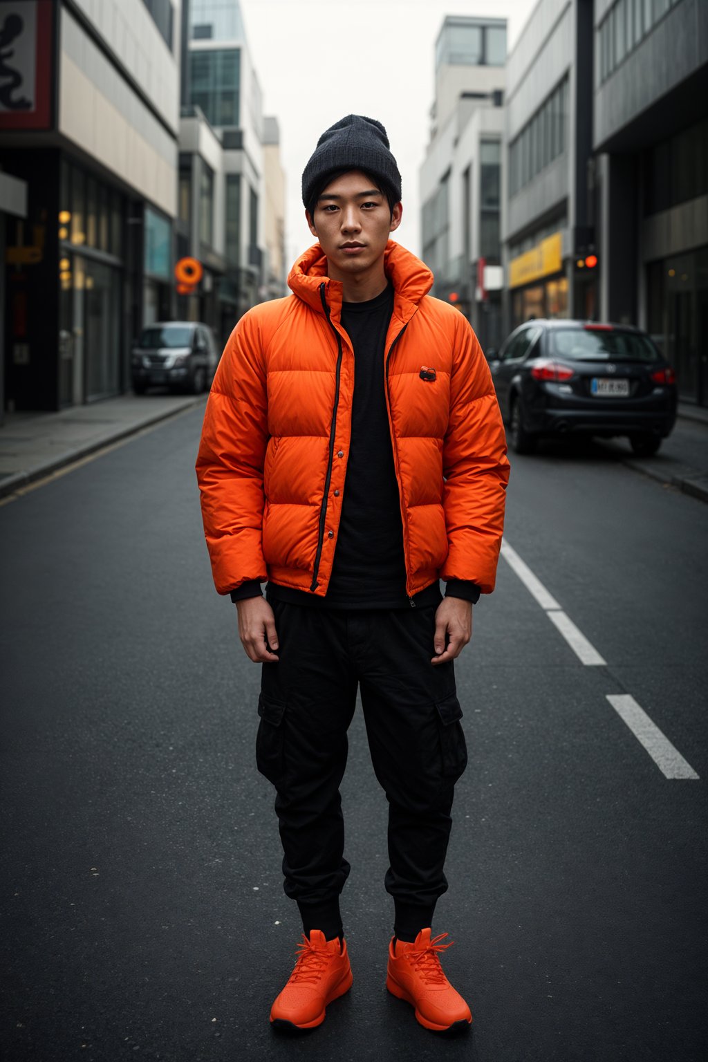 man wearing gorpcore aesthetic, functional outdoor clothing, bright colored puffer jacket, moonboots, beanie, white wool socks, outerwear, posing for photo in the street