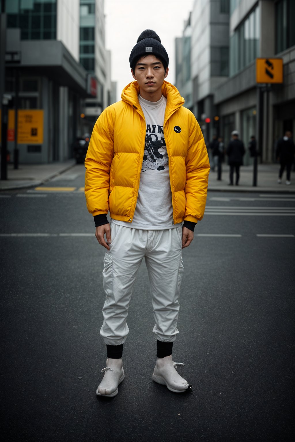 man wearing gorpcore aesthetic, functional outdoor clothing, bright colored puffer jacket, moonboots, beanie, white wool socks, outerwear, posing for photo in the street