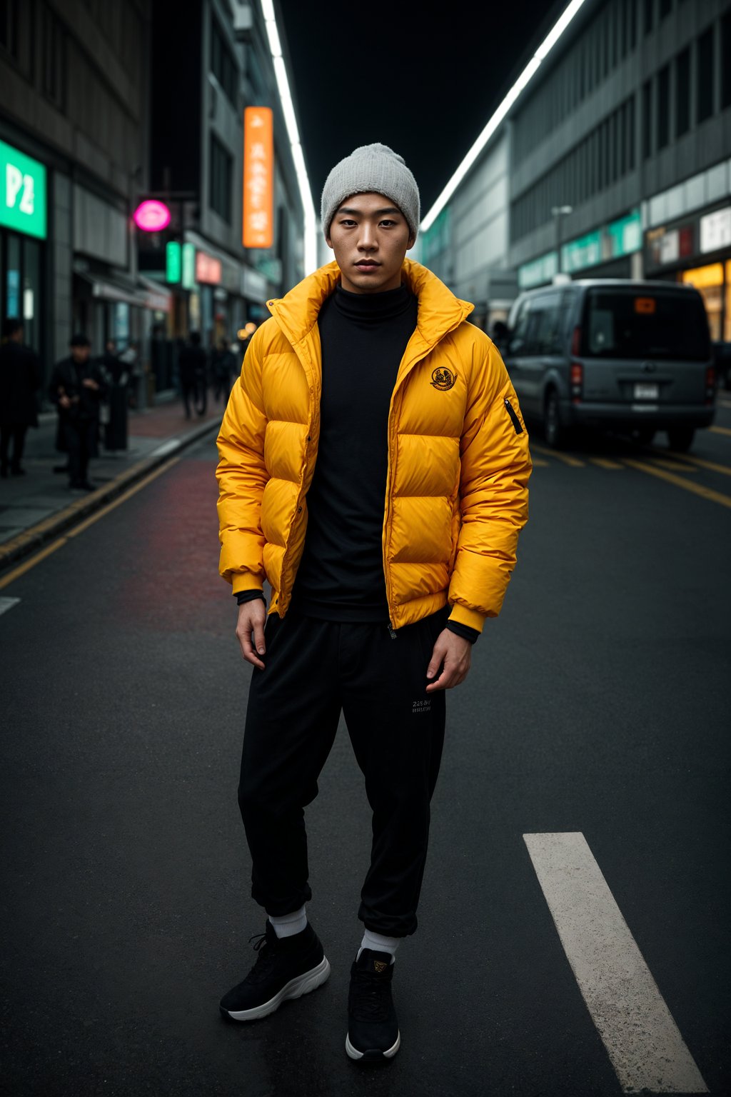 man wearing gorpcore aesthetic, functional outdoor clothing, bright colored puffer jacket, moonboots, beanie, white wool socks, outerwear, posing for photo in the street