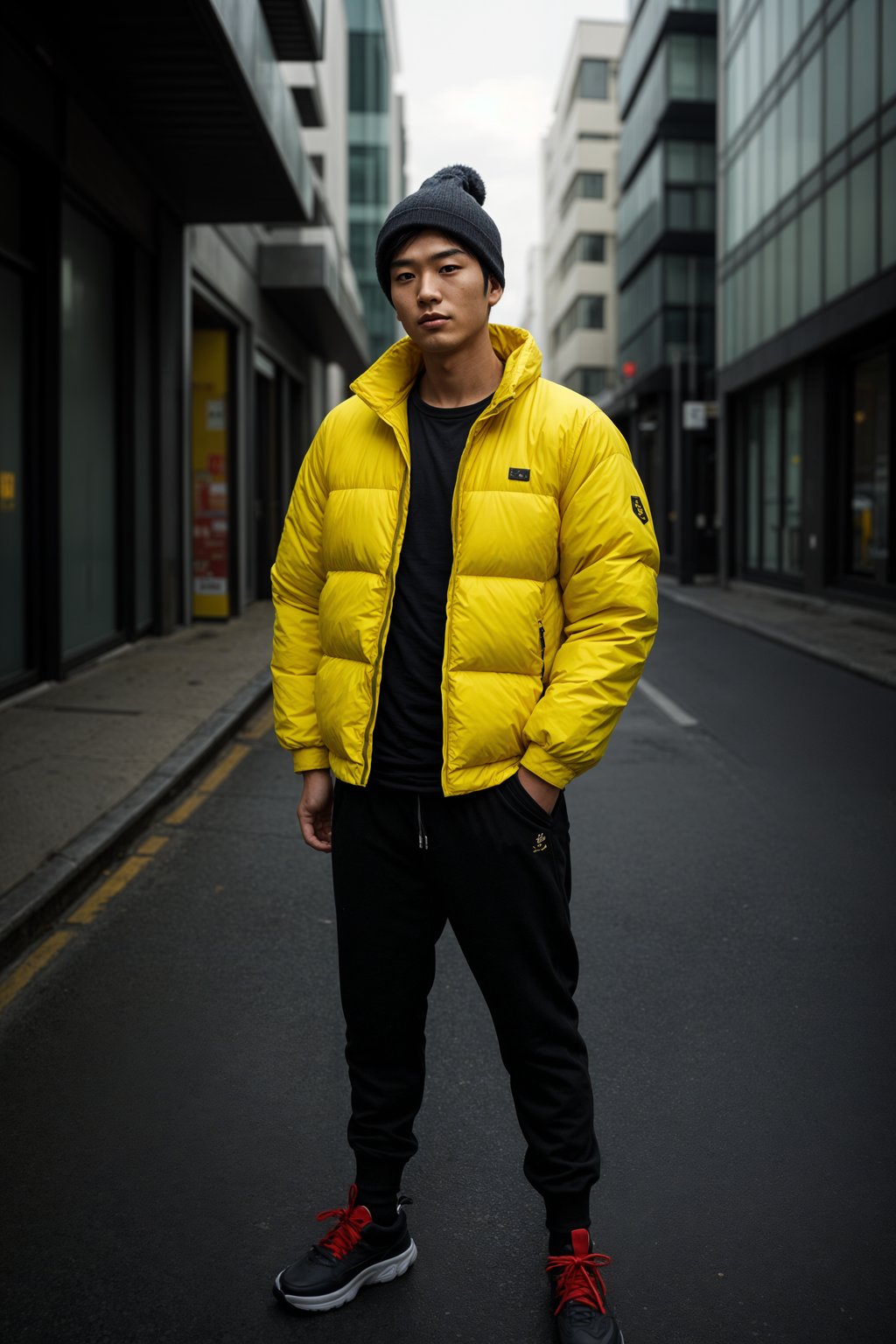 man wearing gorpcore aesthetic, functional outdoor clothing, bright colored puffer jacket, moonboots, beanie, white wool socks, outerwear, posing for photo in the street