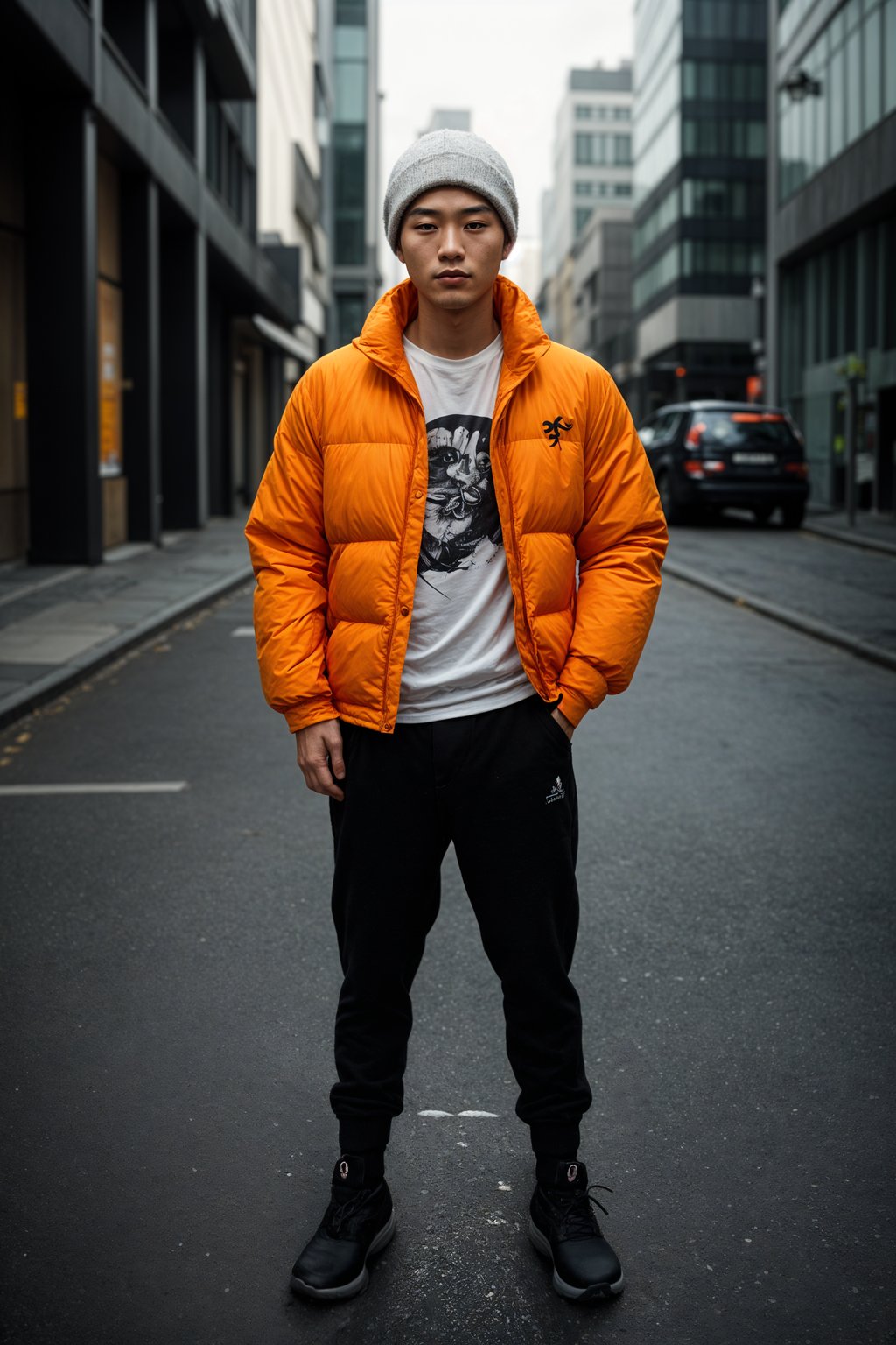 man wearing gorpcore aesthetic, functional outdoor clothing, bright colored puffer jacket, moonboots, beanie, white wool socks, outerwear, posing for photo in the street