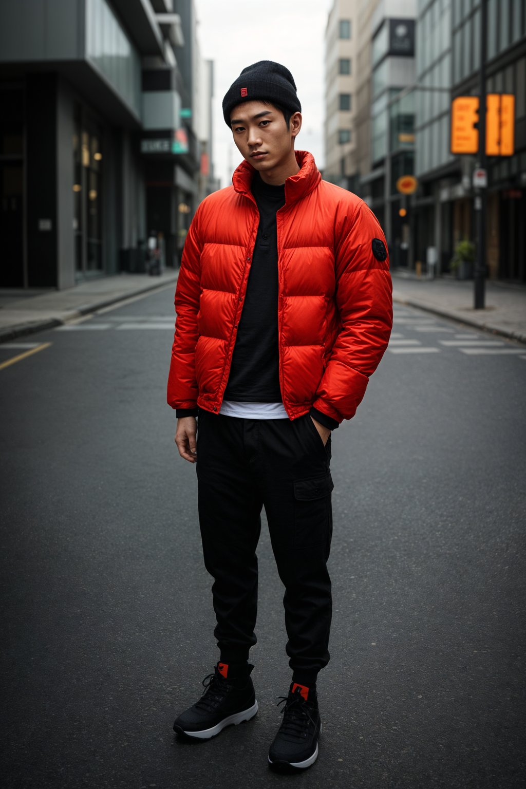 man wearing gorpcore aesthetic, functional outdoor clothing, bright colored puffer jacket, moonboots, beanie, white wool socks, outerwear, posing for photo in the street