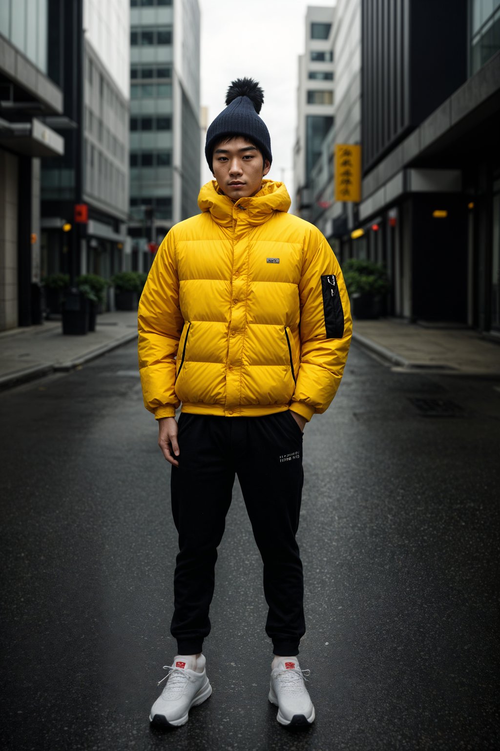 man wearing gorpcore aesthetic, functional outdoor clothing, bright colored puffer jacket, moonboots, beanie, white wool socks, outerwear, posing for photo in the street