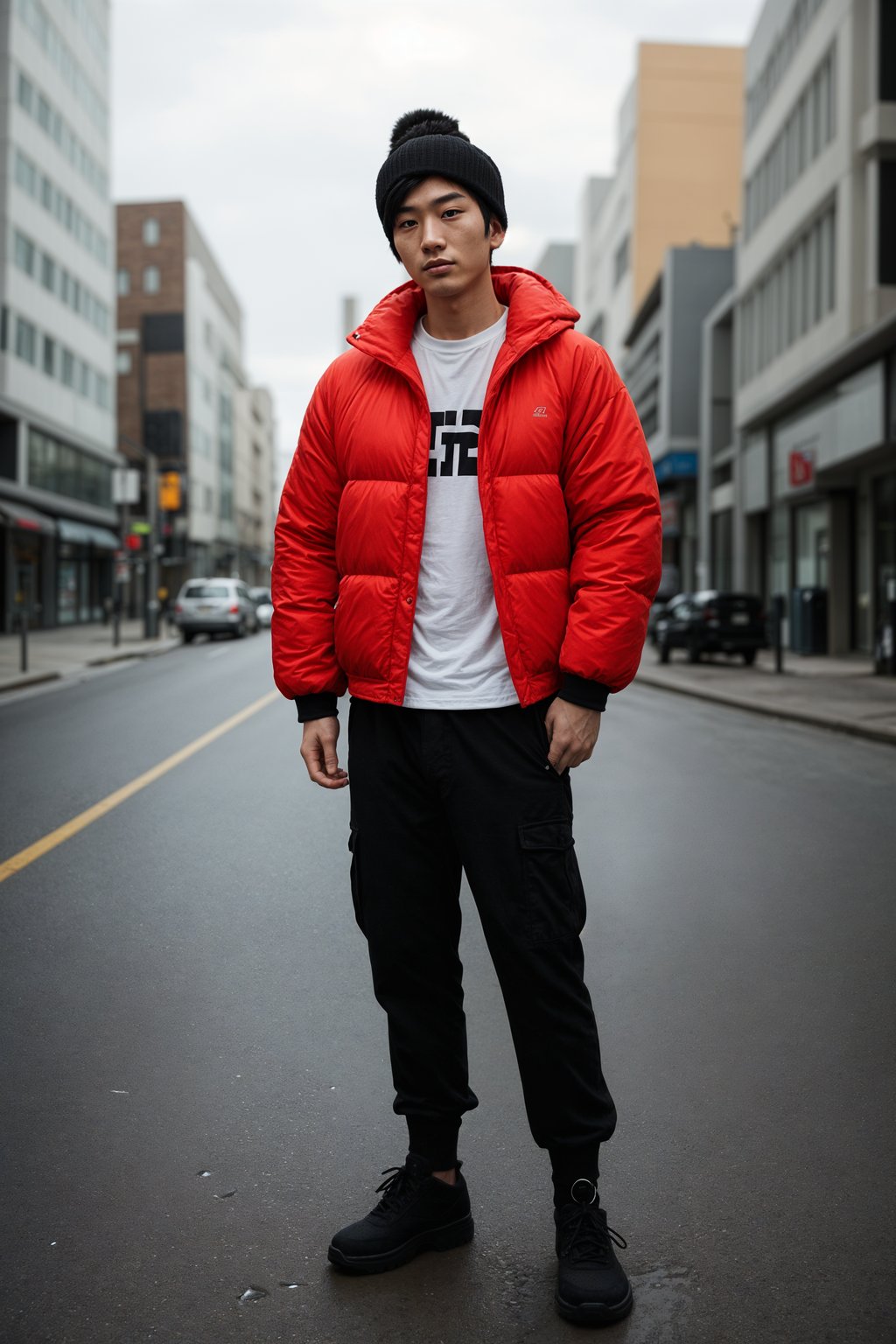 man wearing gorpcore aesthetic, functional outdoor clothing, bright colored puffer jacket, moonboots, beanie, white wool socks, outerwear, posing for photo in the street