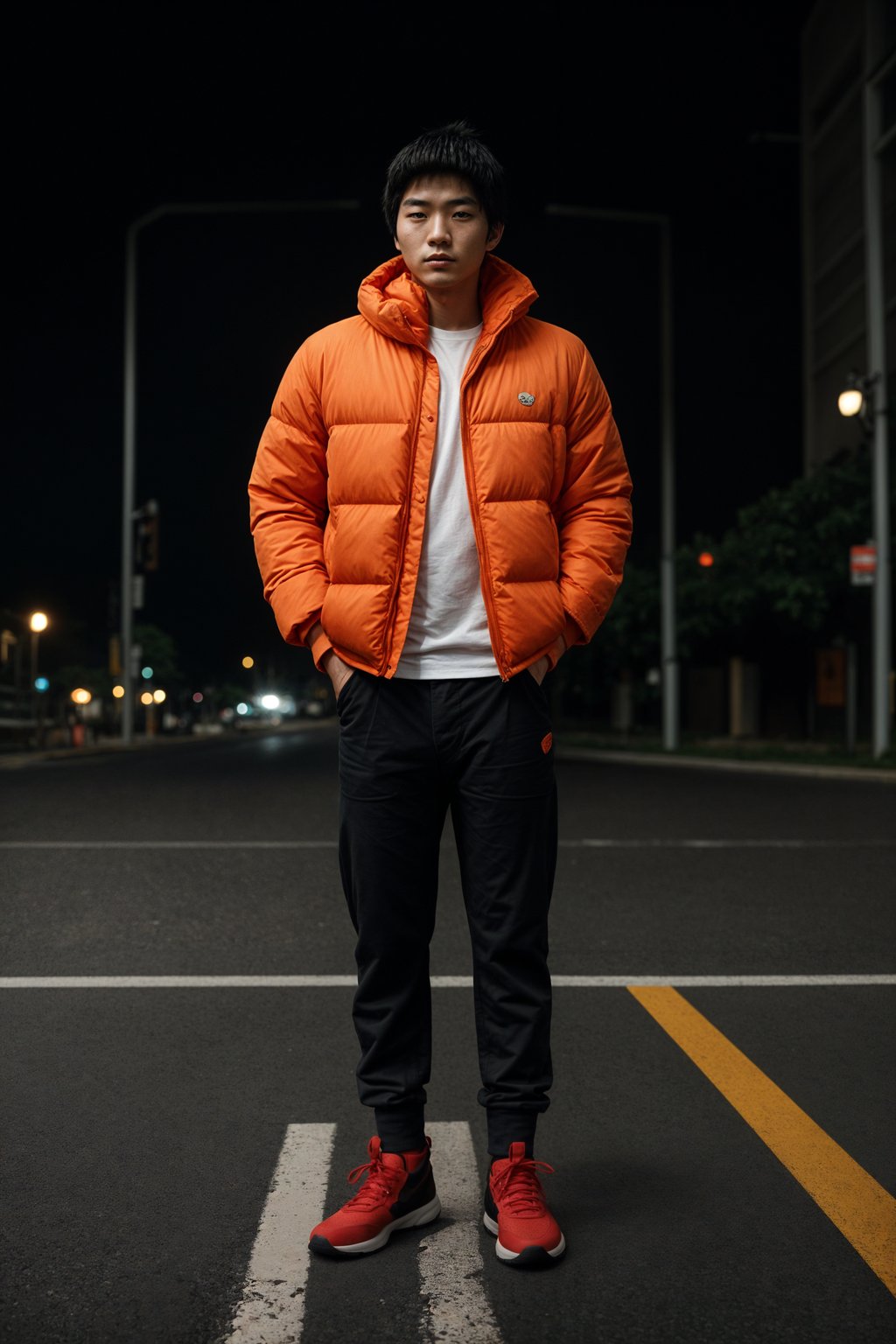 man wearing gorpcore aesthetic, functional outdoor clothing, bright colored puffer jacket, moonboots, beanie, white wool socks, outerwear, posing for photo in the street