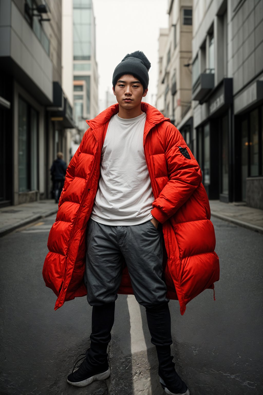 man wearing gorpcore aesthetic, functional outdoor clothing, bright colored puffer jacket, moonboots, beanie, white wool socks, outerwear, posing for photo in the street