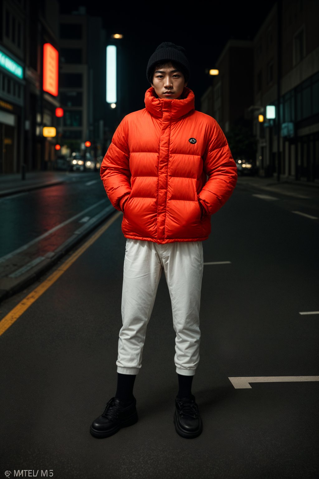 man wearing gorpcore aesthetic, functional outdoor clothing, bright colored puffer jacket, moonboots, beanie, white wool socks, outerwear, posing for photo in the street