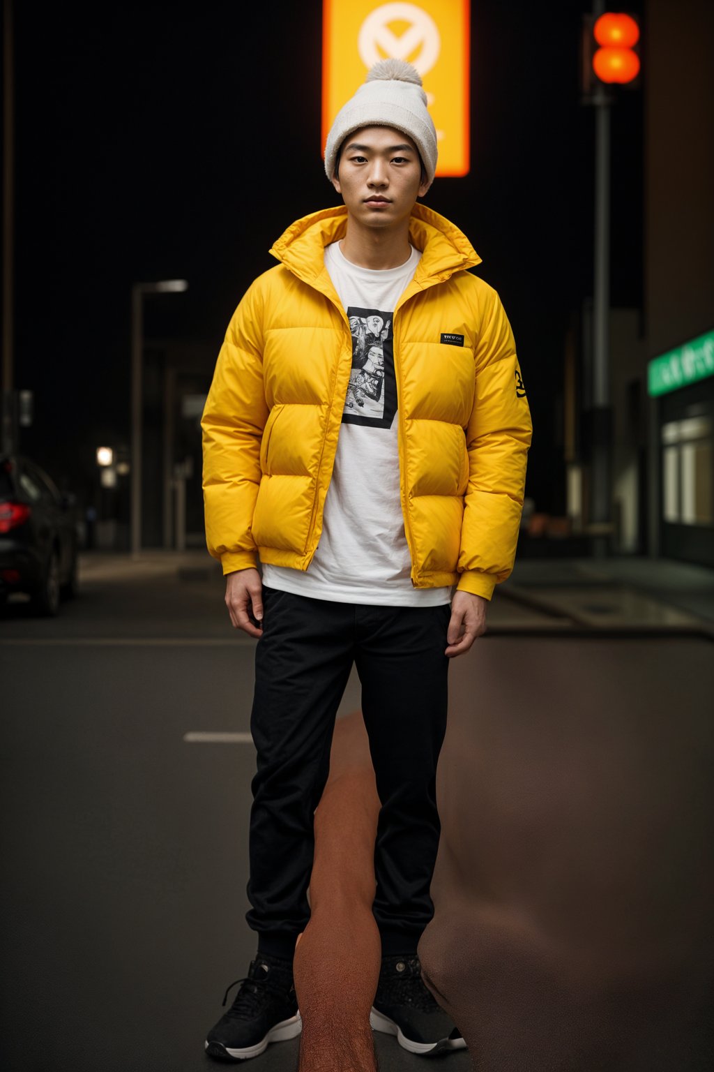 man wearing gorpcore aesthetic, functional outdoor clothing, bright colored puffer jacket, moonboots, beanie, white wool socks, outerwear, posing for photo in the street