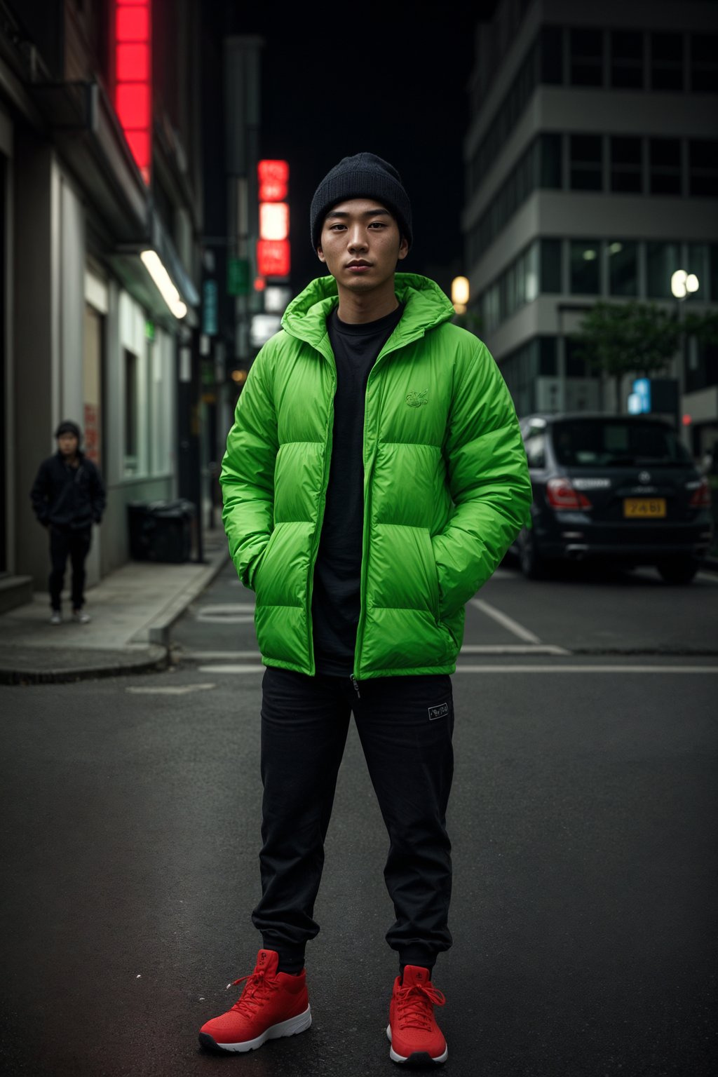 man wearing gorpcore aesthetic, functional outdoor clothing, bright colored puffer jacket, moonboots, beanie, white wool socks, outerwear, posing for photo in the street