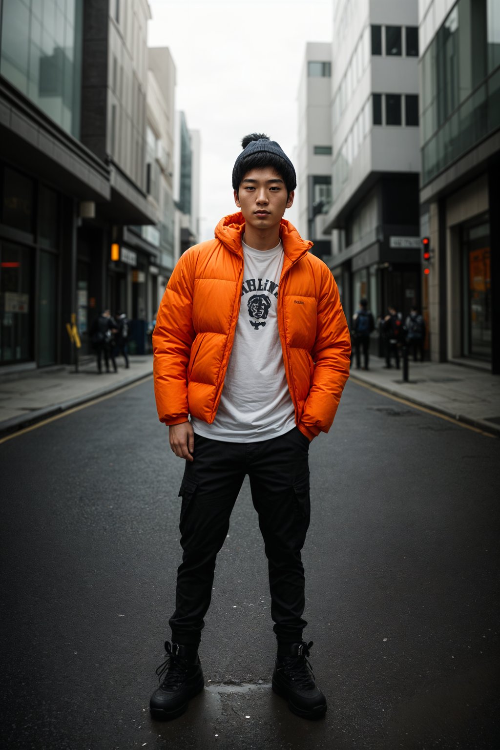 man wearing gorpcore aesthetic, functional outdoor clothing, bright colored puffer jacket, moonboots, beanie, white wool socks, outerwear, posing for photo in the street