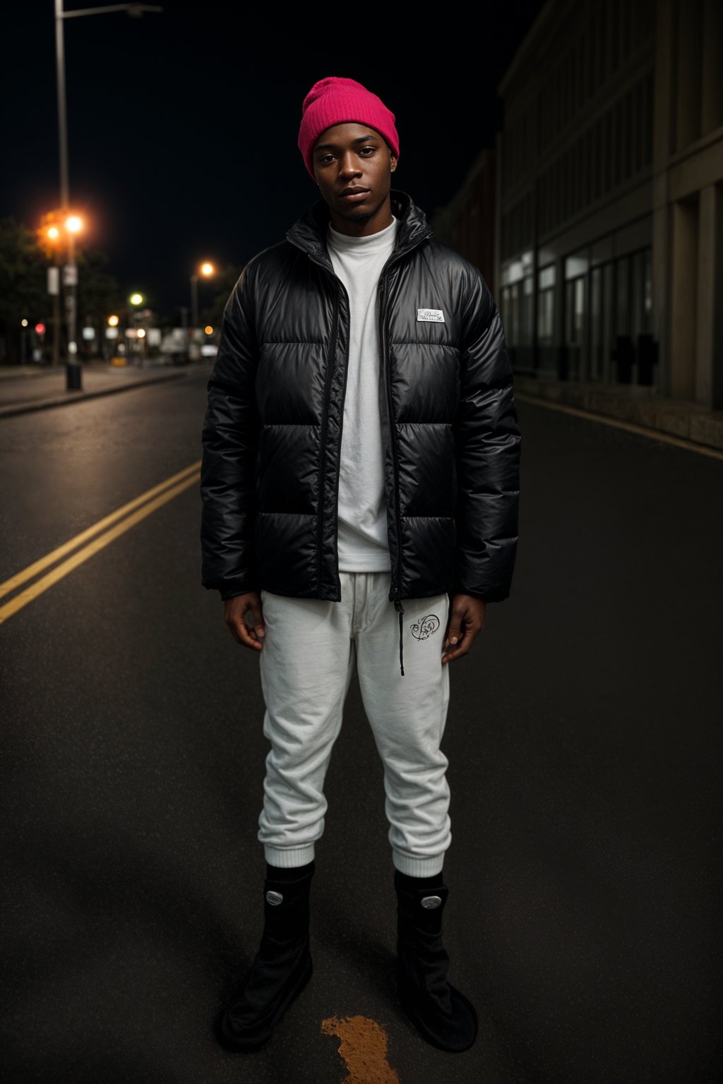 man wearing gorpcore aesthetic, functional outdoor clothing, bright colored puffer jacket, moonboots, beanie, white wool socks, outerwear, posing for photo in the street