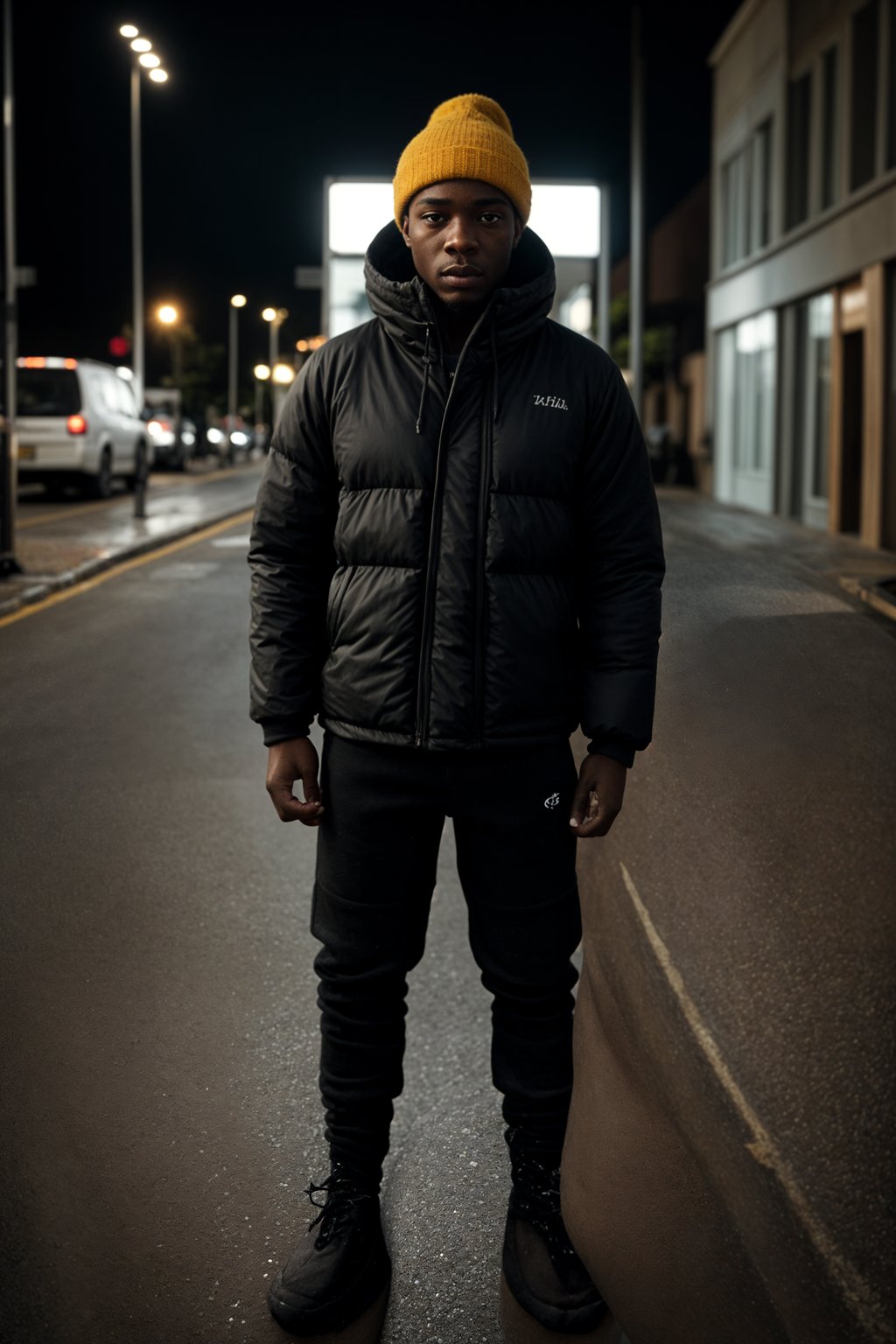 man wearing gorpcore aesthetic, functional outdoor clothing, bright colored puffer jacket, moonboots, beanie, white wool socks, outerwear, posing for photo in the street