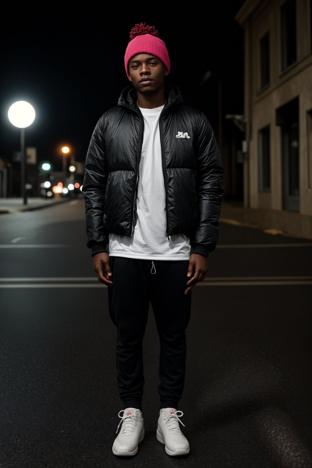 man wearing gorpcore aesthetic, functional outdoor clothing, bright colored puffer jacket, moonboots, beanie, white wool socks, outerwear, posing for photo in the street