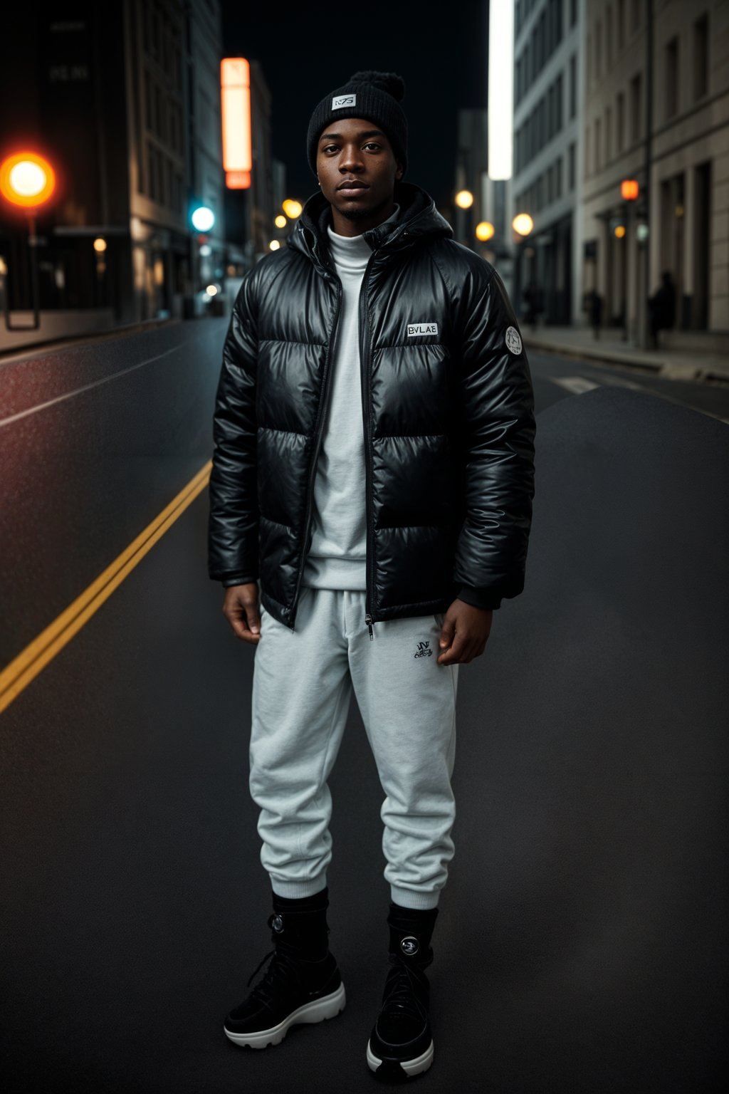 man wearing gorpcore aesthetic, functional outdoor clothing, bright colored puffer jacket, moonboots, beanie, white wool socks, outerwear, posing for photo in the street