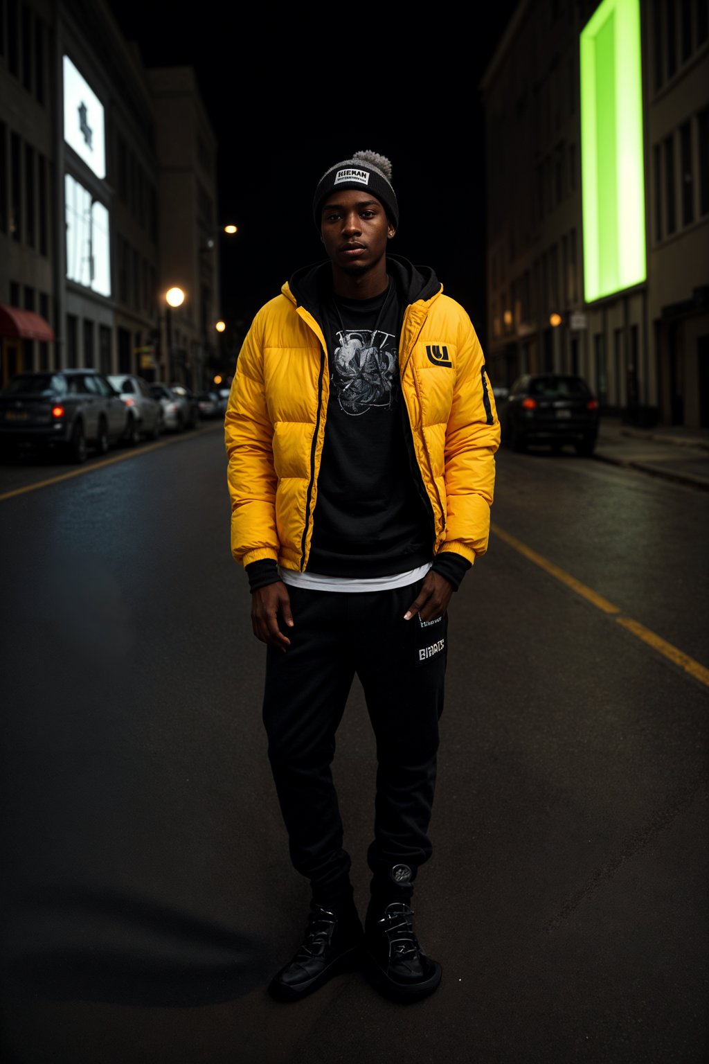 man wearing gorpcore aesthetic, functional outdoor clothing, bright colored puffer jacket, moonboots, beanie, white wool socks, outerwear, posing for photo in the street