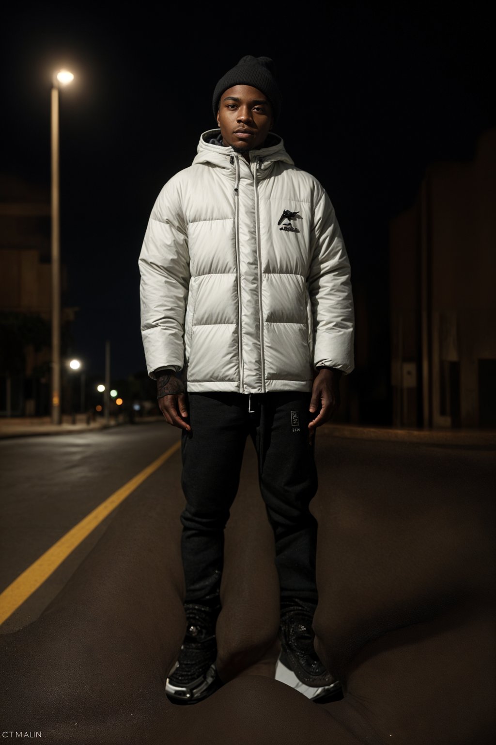 man wearing gorpcore aesthetic, functional outdoor clothing, bright colored puffer jacket, moonboots, beanie, white wool socks, outerwear, posing for photo in the street