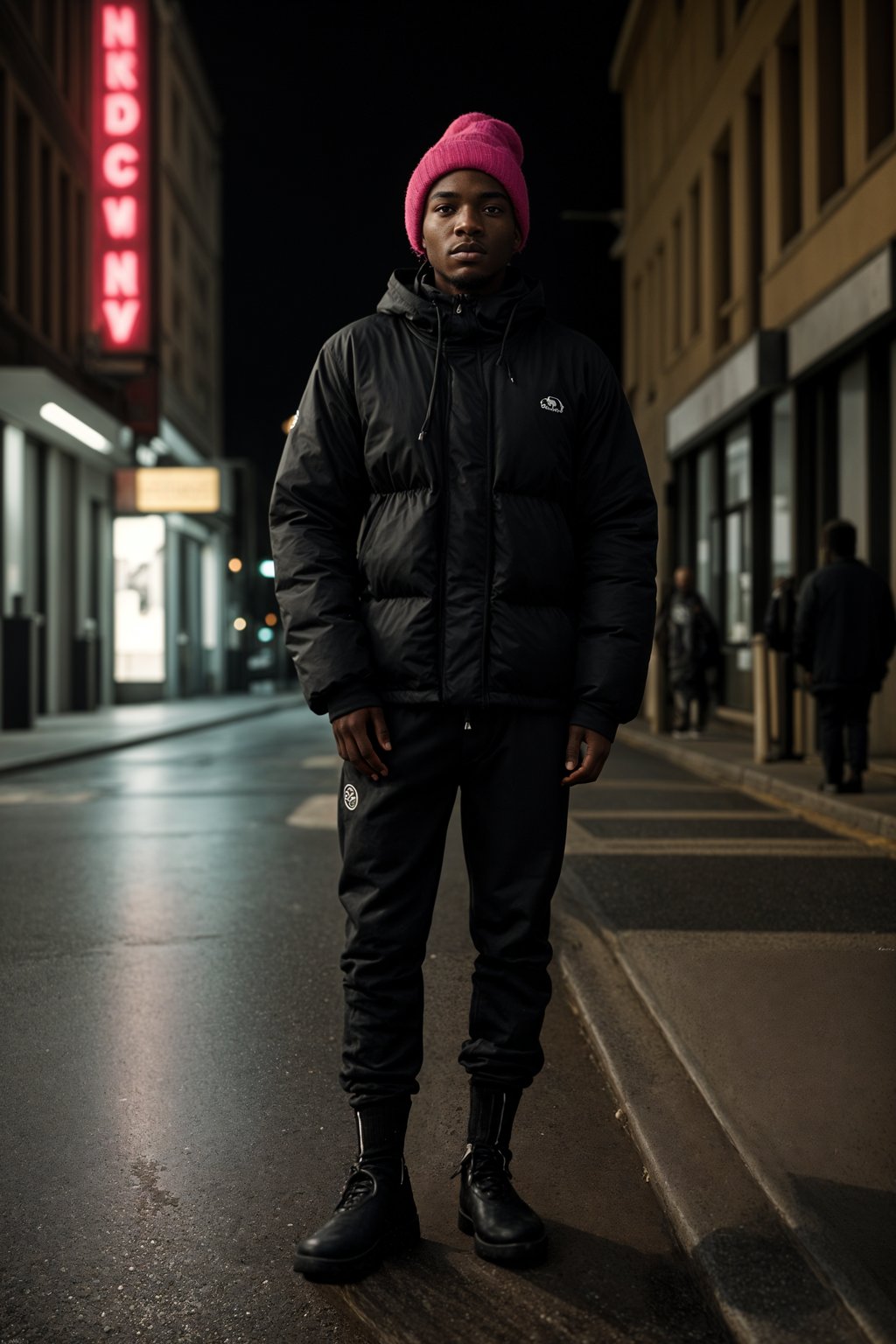 man wearing gorpcore aesthetic, functional outdoor clothing, bright colored puffer jacket, moonboots, beanie, white wool socks, outerwear, posing for photo in the street