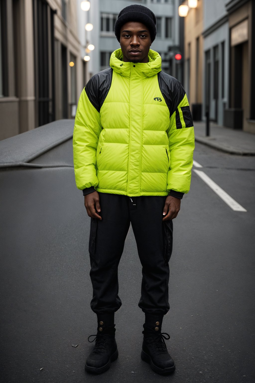 man wearing gorpcore aesthetic, functional outdoor clothing, bright colored puffer jacket, moonboots, beanie, white wool socks, outerwear, posing for photo in the street